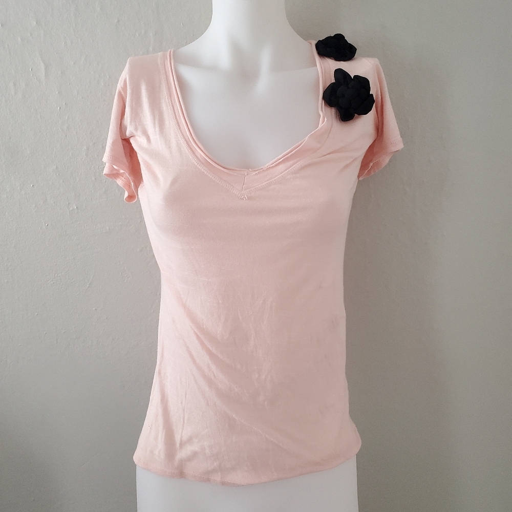 Young Fabulous & Broke Pink Vneck Shortsleeve Tee with Black Flowers Medium